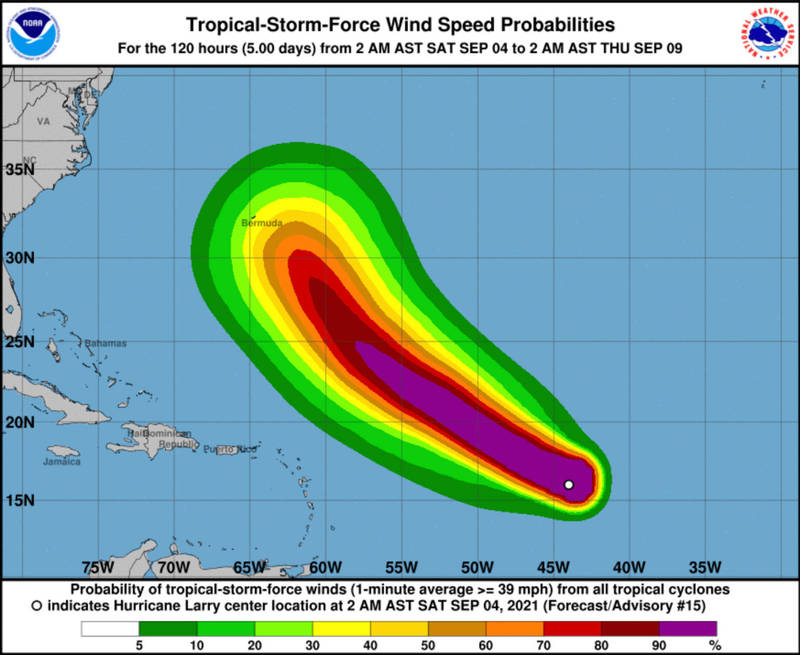 美国国家飓风中心表示，美国东岸外海大西洋上，目前已经形成3级飓风拉里（Larry），持续朝美国移动。（图取自NOAA）(photo:LTN)