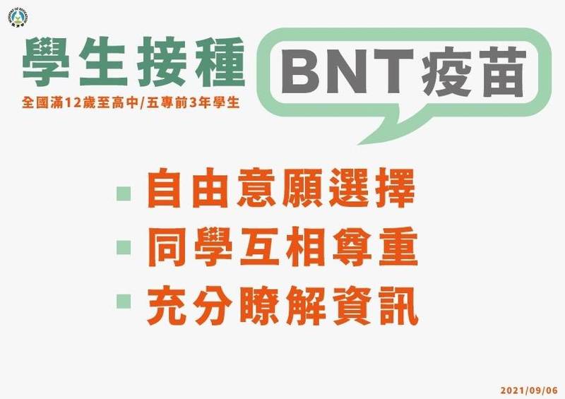 中央流行疫情指揮中心開放12歲到未滿18歲青少年施打BNT疫苗，教育部長潘文忠強調，採自由意願選擇，並呼籲學生相互尊重，還要與家長充分了解相關資訊，再做決定。（教育部提供）