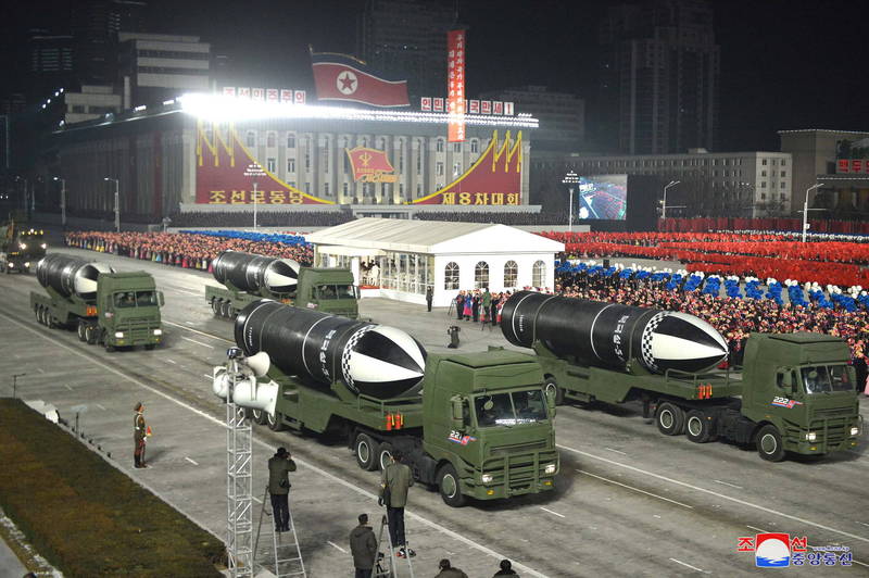 北韓最近一次閱兵是在勞動黨第8次全國代表大會落幕後，當時展示了潛射彈道飛彈。（歐新社）