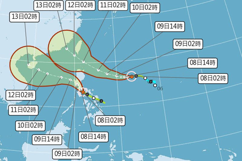 颱風路徑潛勢圖。（圖擷取自中央氣象局）