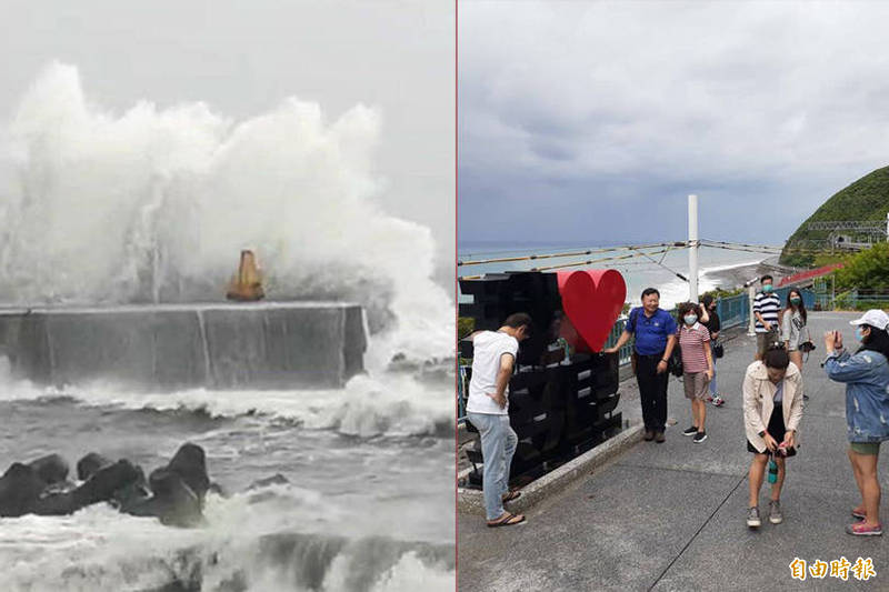 富岡漁港內波浪拍打堤岸，濺起浪花逾10公尺；璨樹來勢洶洶，多良火車站仍吸引不少遊客結伴觀潮等火車。（記者陳賢義攝）