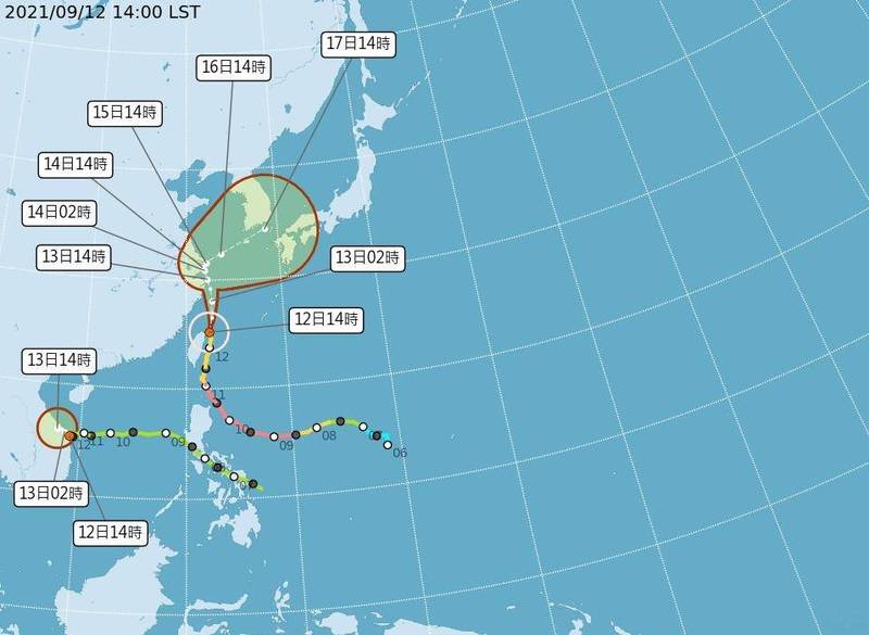 中央氣象局預報指出，中颱璨樹暴風圈將於明天（13日）前完全脫離台灣陸地。（中央氣象局提供）