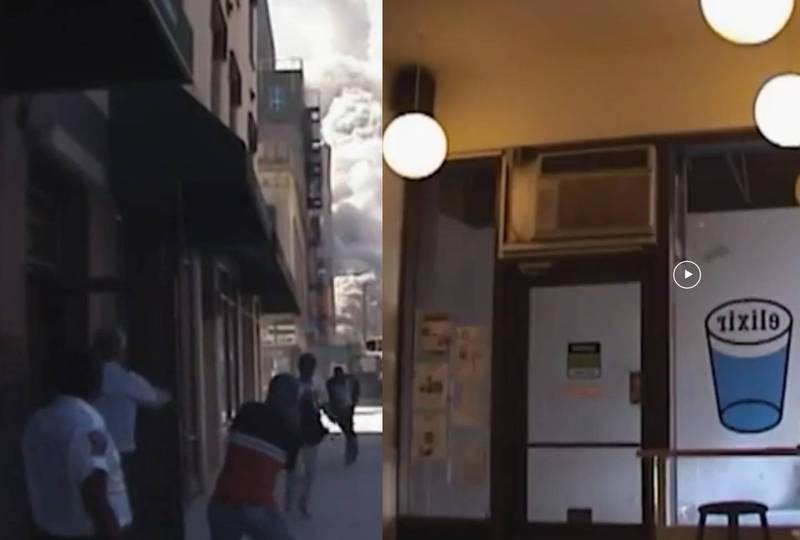 世贸大楼倒塌扬起了大量粉尘（左），一名女子想逃到店外却被老板阻挡，但下一秒，街道上大量粉尘铺天盖地而来，店外只见一片漆黑（右）。（撷取自Reddit）(photo:LTN)