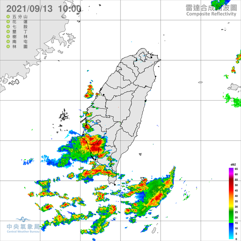 受西南風影響，南部地區易有短延時強降雨，台南市、高雄市、屏東縣3縣市有局部大雨發生的機率。（圖擷自中央氣象局）