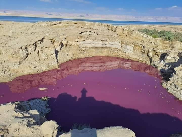 死海东岸、约旦境内的1个潟湖近日被发现转变为血红色，受到当地民众与政府高度关注，照片在推特疯传。（图取自推特）(photo:LTN)