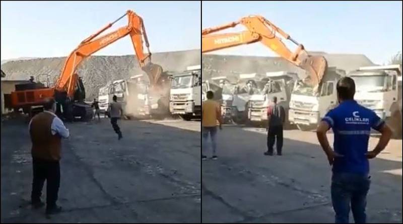 土耳其矿工声称老板未给付1个月的工资，开着重达40公吨的挖土机将矿场的5辆卡车铲爆，影片在网路上疯传。（图取自Twitter）(photo:LTN)