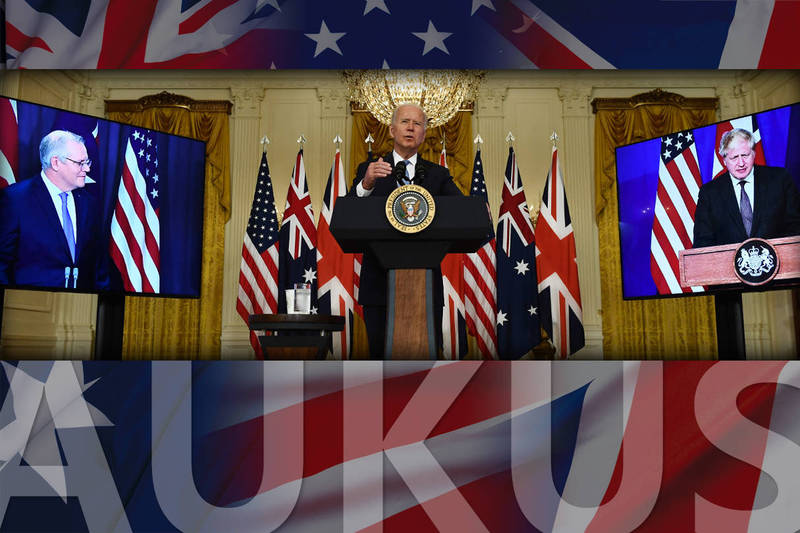 美國與英國及澳洲成立新的印太安全聯盟「AUKUS」。（法新社，本報合成）