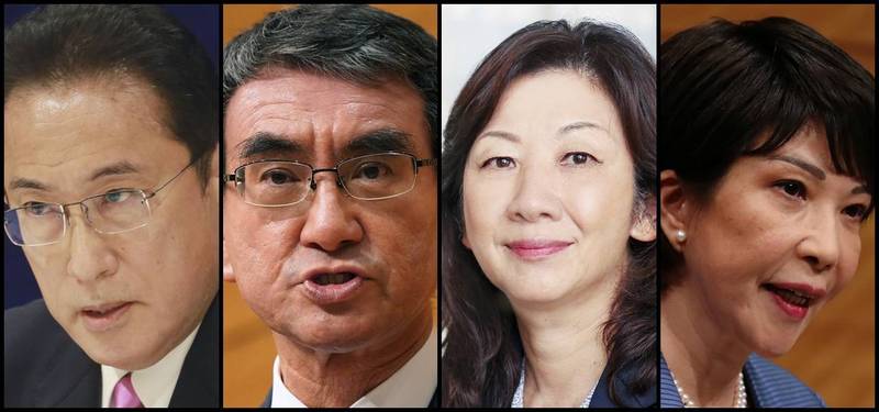 日本自民黨總裁選舉今天公告，將有4人參選，圖左起為前外相岸田文雄、行政革新相河野太郎、幹事長代理野田聖子、前總務相高市早苗。（本報合成，圖擷自美聯社、彭博、彭博、路透）