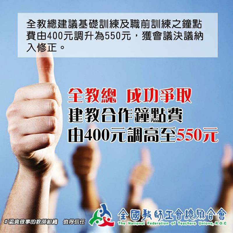 建教生之教師鐘點費擬調高150元，估上千人次受惠。（全教總提供）