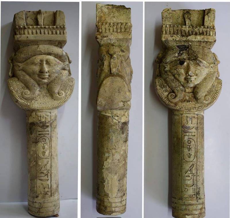 埃及在谢赫村省的法老神庙，发现了一些用于神庙宗教仪式的工具，图为古埃及女神哈索尔钖杖。（图撷自埃及旅游及文物部推特）(photo:LTN)