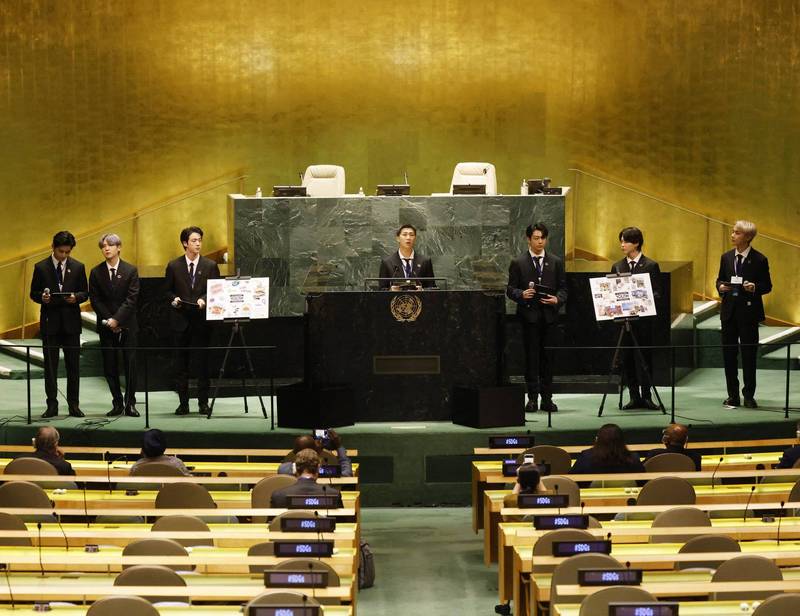 「BTS」防弹少年团出席联合国大会，并在会议厅发表演讲，为年轻世代发声。（美联社）(photo:LTN)