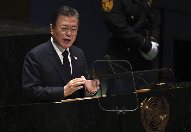 文在寅在聯合國大會呼籲「正式結束韓戰」。（美聯社）