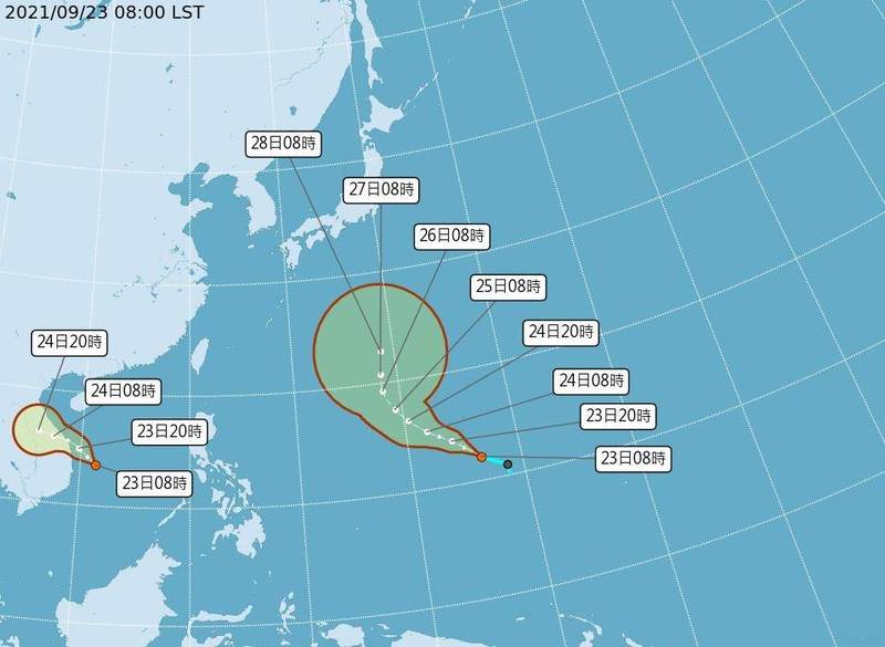 南海附近的熱帶低壓TD19、關島東南方海面的熱帶低壓TD18有機會生成今年第15號颱風電母（Dianmu，中國命名）、第16號颱風蒲公英（Mindulle，北韓命名）。（中央氣象局提供）