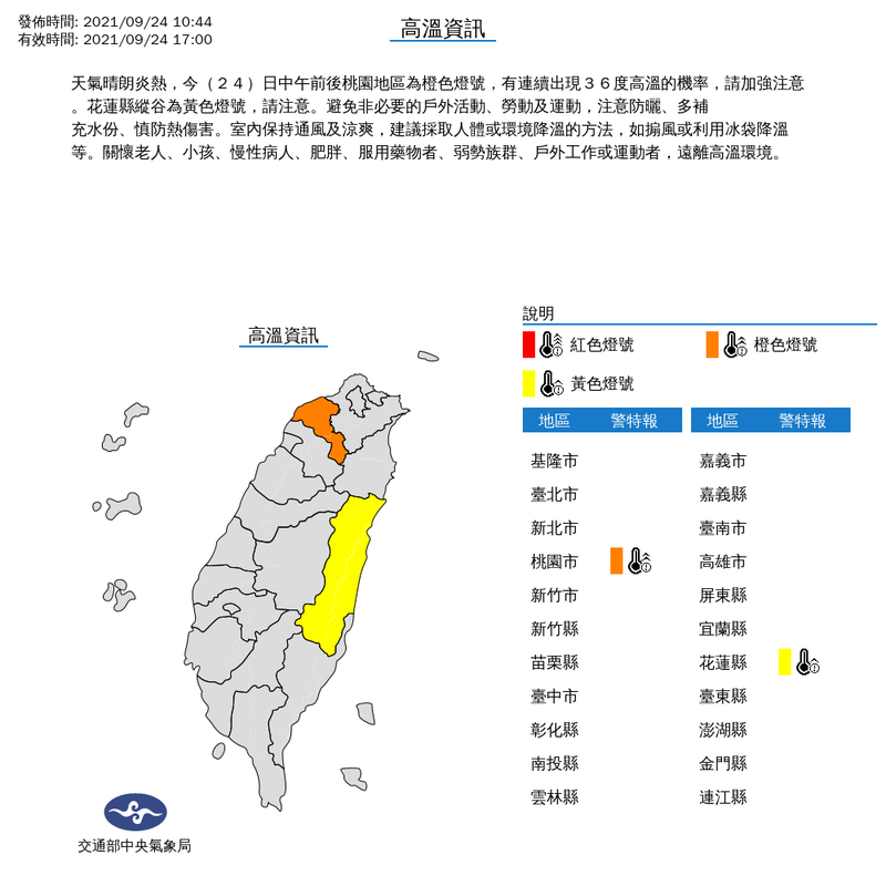 氣象局上午10時44分對桃園市發布高溫特報橙色燈號，對花蓮縣發布高溫特報黃色燈號。（擷取自中央氣象局）
