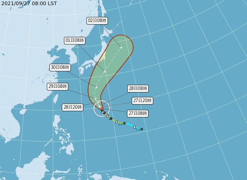 蒲公英颱風今天下午2時減弱為中度颱風，未來往北移動過程環境有利發展，有可能再度增強為強度颱風。（中央氣象局提供）