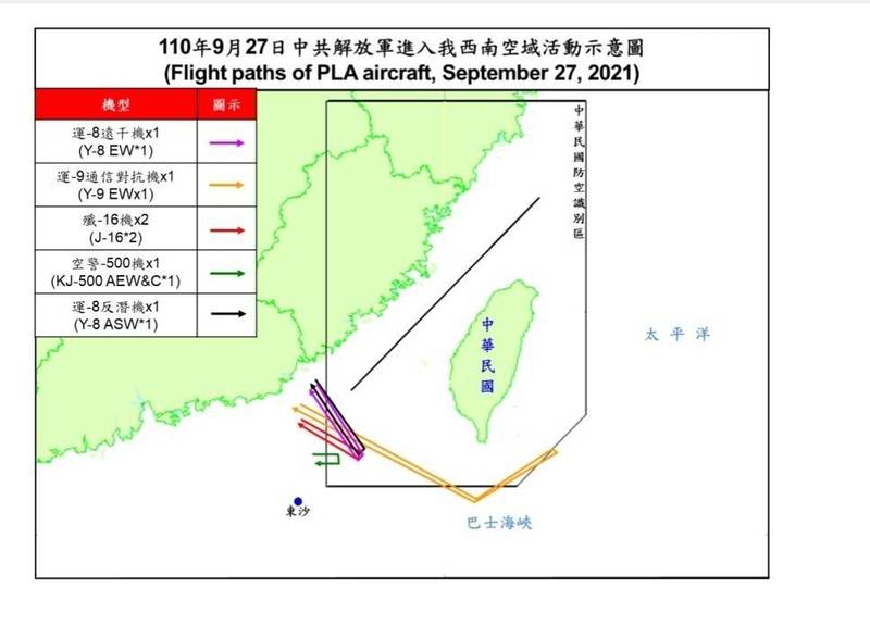 中國6架次軍機進入我防空識別區。（國防部提供）
