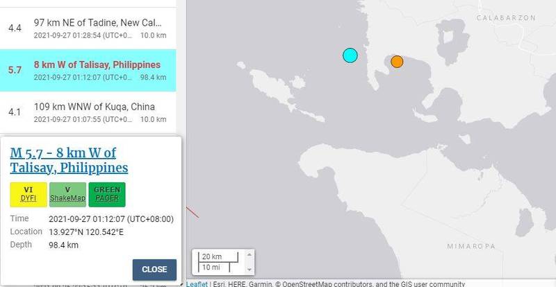 菲律賓呂宋島八打雁省於當地時間今晨1點多發生芮氏規模5.7地震，據傳當地居民感受劇烈搖晃，深夜時紛紛跑到戶外，不過目前並未傳出有災情或人員傷亡。（圖擷自USGS）