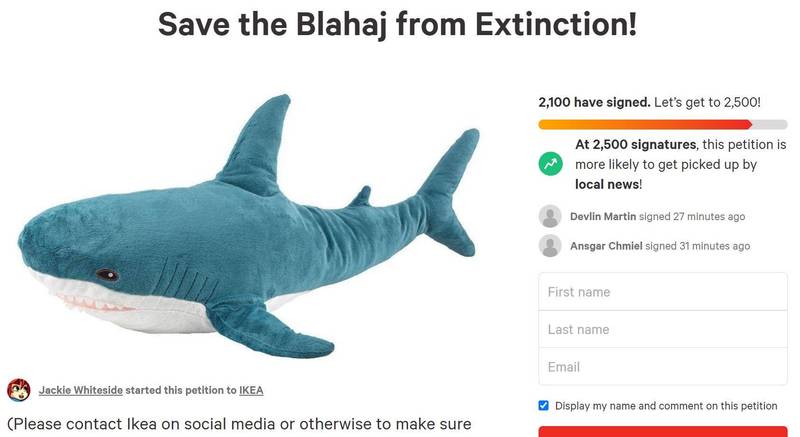 国外惊传IKEA推出的鲨鱼抱枕即将停售，不少国外网友听闻后为之崩溃，甚至到请愿网站发起连署，希望能「拯救鲨鲨免于灭绝」。（图撷自「change.org」）(photo:LTN)