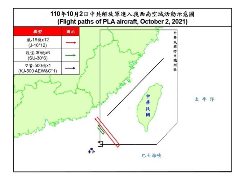 中共昨一共派39架次軍機擾我西南空域，圖為昨日動態的一部分。（國防部提供）
