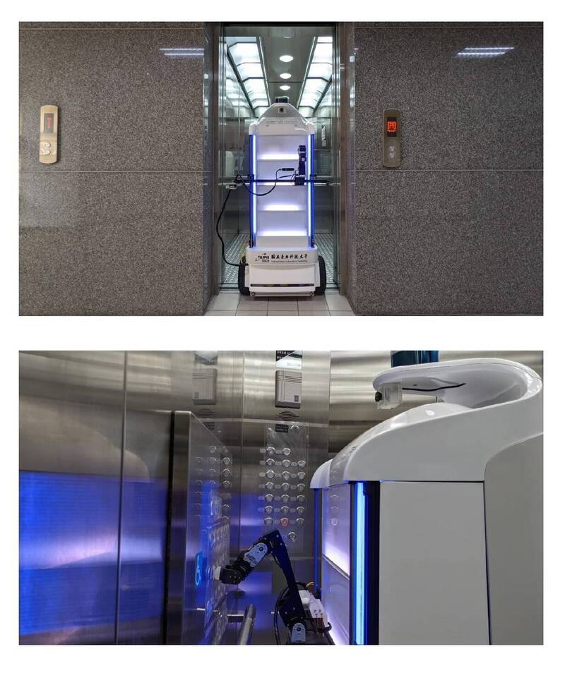 北科大研發的自動送貨機器人能自己搭電梯，跨建築、跨樓層行動。（北科大提供）