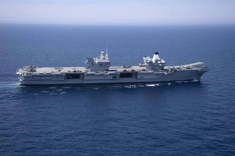 英國防部預告，伊麗莎白女王號航艦打擊群未來2週將聯合美國、日本、澳洲、加拿大、紐西蘭等國在南海航行和活動。（法新社）
