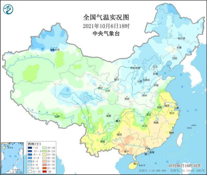 中国网友发现，华中以北与西北地区，在24小时内气温掉了20℃，已经降至个位数，黑龙江省温度更是掉到零下。（图取自中国气象台网）(photo:LTN)