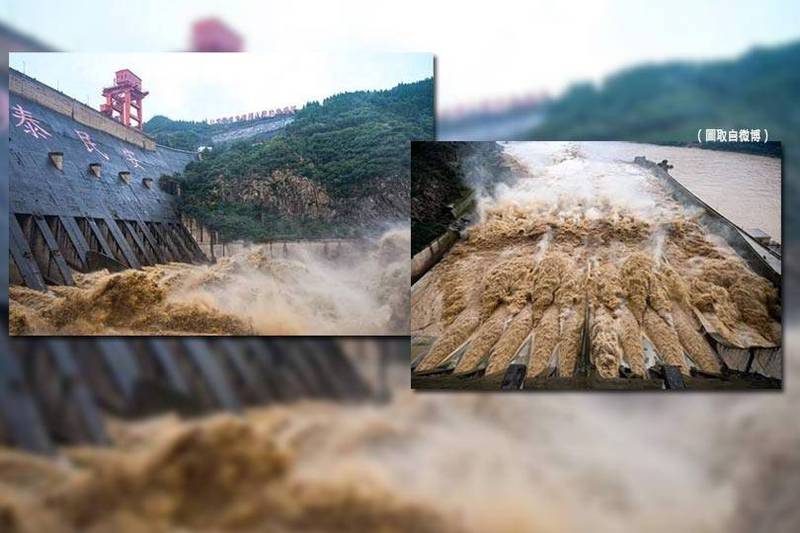 中國官方指出，2021年黃河第3號洪水5日在中游形成、往下游直衝，今日過境河南測得42年來最大流量，此次洪水讓三門峽水庫將26個洩水孔洞全部緊急打開洩洪。（圖取自微博，本報合成）