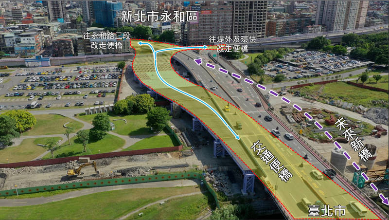 正在進行改建的中正橋，將於明天起進行交通改道，往返雙北市間車輛改走剛完工的交通便橋。（新北市政府工務局提供）