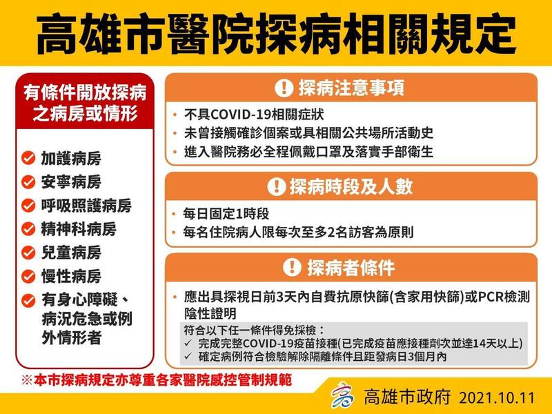 高雄市醫院部分病房即日起有條件開放探病。（衛生局提供）