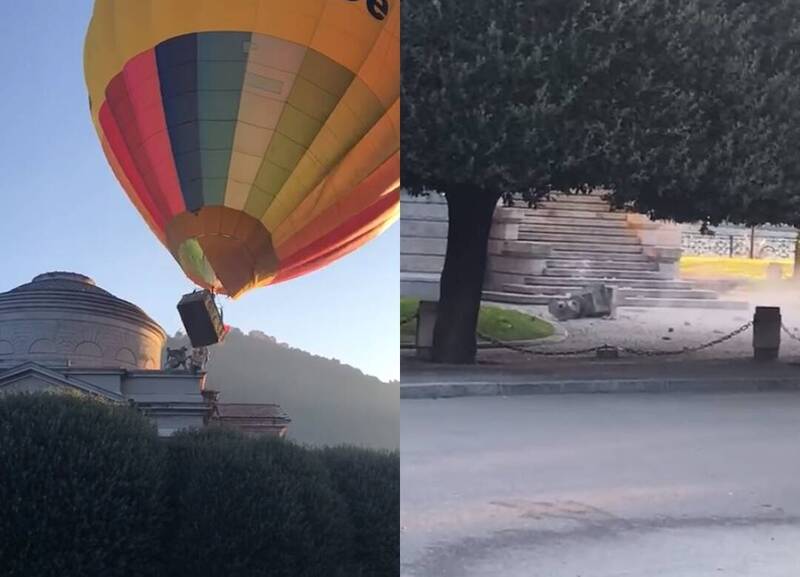 一个热气球搭载旅客准备升空时，突然失控撞向历史博物馆，吊篮在空中一度大幅度倾斜，几乎快要翻过来，把石雕艺术像撞倒后才终于升空。（图撷取自YouTube「ComoZero」频道、本报合成）(photo:LTN)