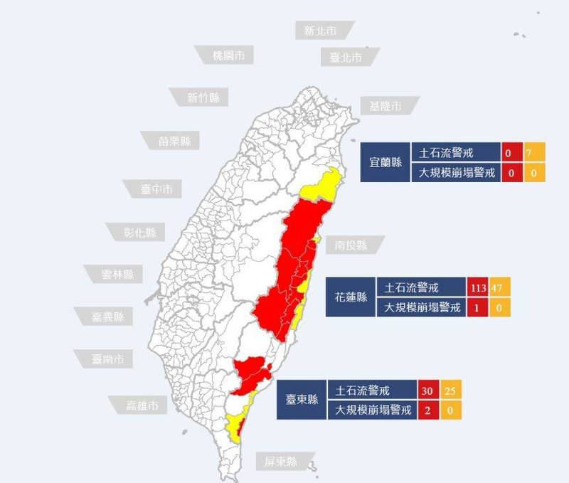 行政院農委會發布土石流紅色警戒143條、黃色警戒79條、大規模崩塌紅色警戒3處，請民眾注意。（圖擷取自土石流防災資訊網）