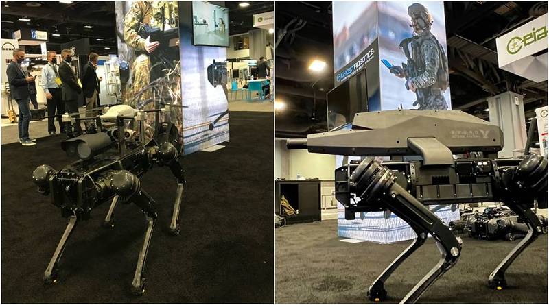 这款配备狙击枪的机器狗名为「SPUR」（右），在展场中还展出1款搭载无人机的机器狗（左）。（图取自Ghost Robotics Twitter）(photo:LTN)