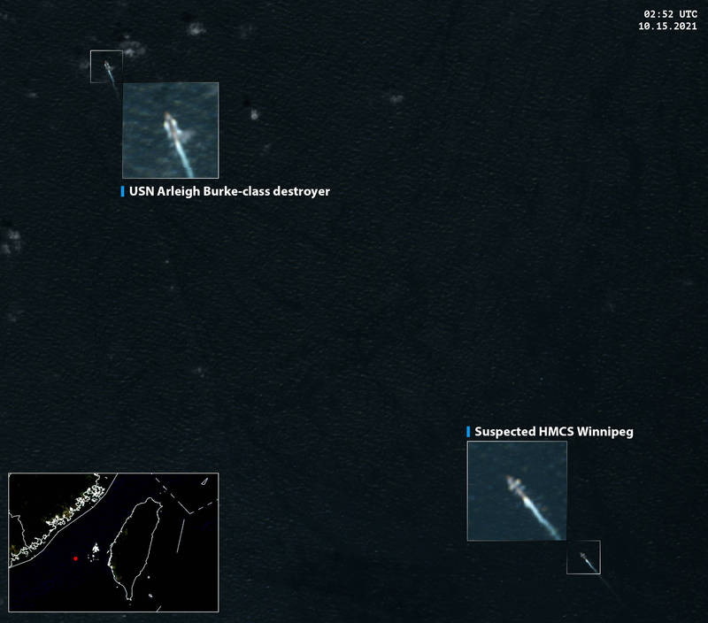 中国半官方性质丶北京大学「南海战略态势感知计画」（SCSPI）15日晚间在推特发布卫星照，美军1艘伯克级驱逐舰与1艘疑为加拿大海军军舰通过台海。（图取自SCSPI）(photo:LTN)