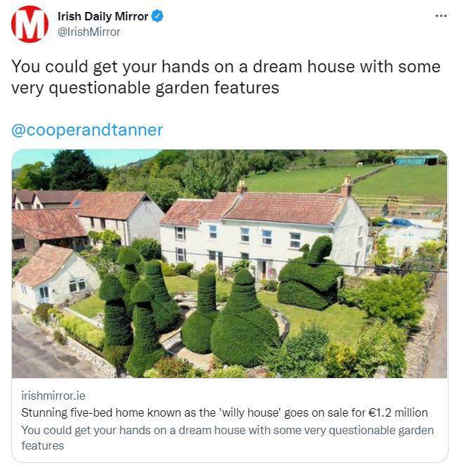 英國1棟具備「陰莖花園」的房屋正在進行販售，要價100萬英鎊（約新台幣3800萬元）。（圖擷取自Twitter_@IrishMirror）
