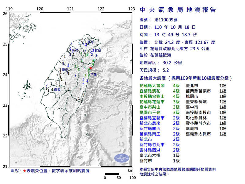 花蓮縣近海深度約30公里處今天下午1點49分發生規模5.2地震。（圖由中央氣象局提供）