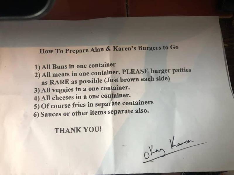 美国一对夫妻提供给餐厅的「汉堡制作说明书」。（图取自Facebook/Don't F With Your Server）(photo:LTN)