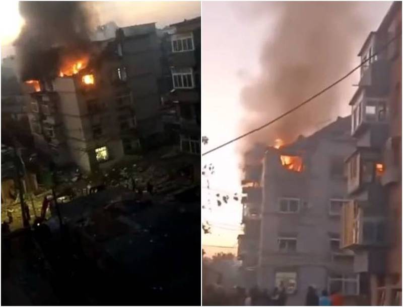 辽宁大连今日清晨一处公寓大楼发生爆炸，可以看到爆炸威力将该栋公寓的楼顶炸开，熊熊烈火、浓烟不断窜出。（图翻摄自微博）(photo:LTN)