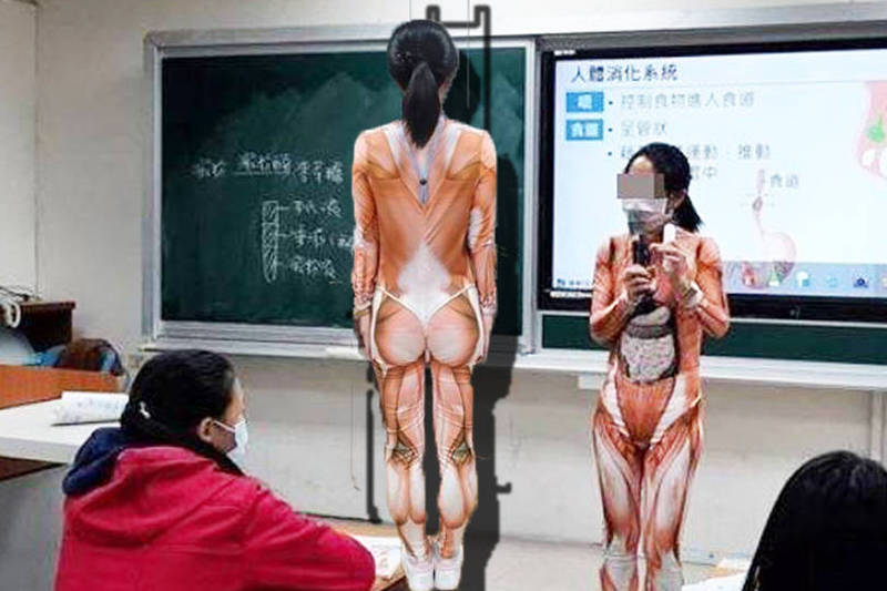 原PO表示，這名女老師來自馬祖，為了讓學生能夠快速且深刻的了解人體構造，才不惜犧牲形象穿上透視裝。（圖擷取自爆廢公社公開版）