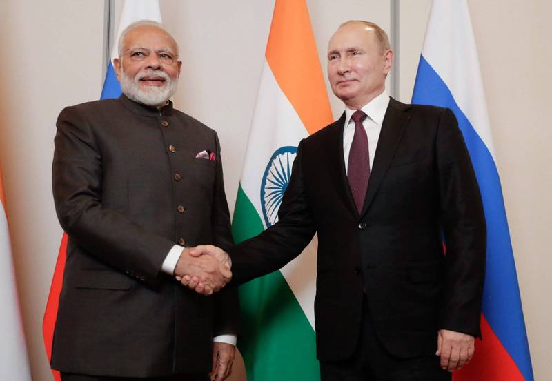 印度总理莫迪（左）与俄罗斯总统普廷（右）2019年在巴西会晤。（欧新社）(photo:LTN)
