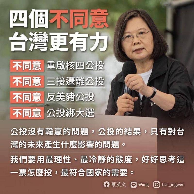 蔡英文總統在臉書發文說，公投沒有輸贏的問題，公投的結果，只有對台灣的未來產生什麼影響的問題，呼籲大家投下四個不同意。（擷取自臉書「蔡英文 Tsai Ing-wen」）