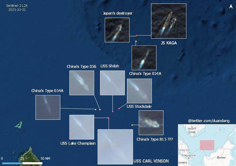 10月31日的卫星照显示，在南海美日舰队周围出现4艘中国军舰，包含054A护卫舰、056飞弹护卫舰，还有1艘疑似815型电子侦查舰。（图撷自Duan Dang推特）(photo:LTN)