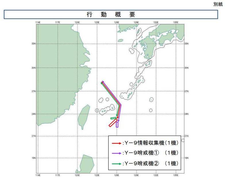 防衛省公布共機航跡圖。（圖擷取自日本防衛省統合幕僚監部網站。）