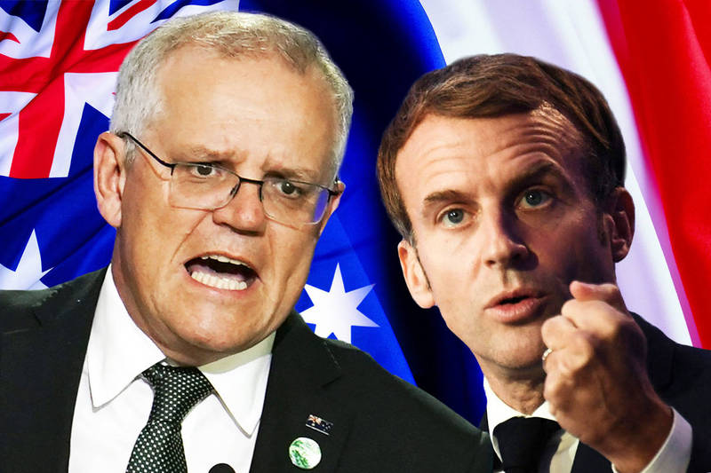 澳洲总理莫里森（左）反击法国总统马克宏（右），强调冲着他来可以，但有辱澳洲人民就不行。（美联社、法新社，本报合成）(photo:LTN)