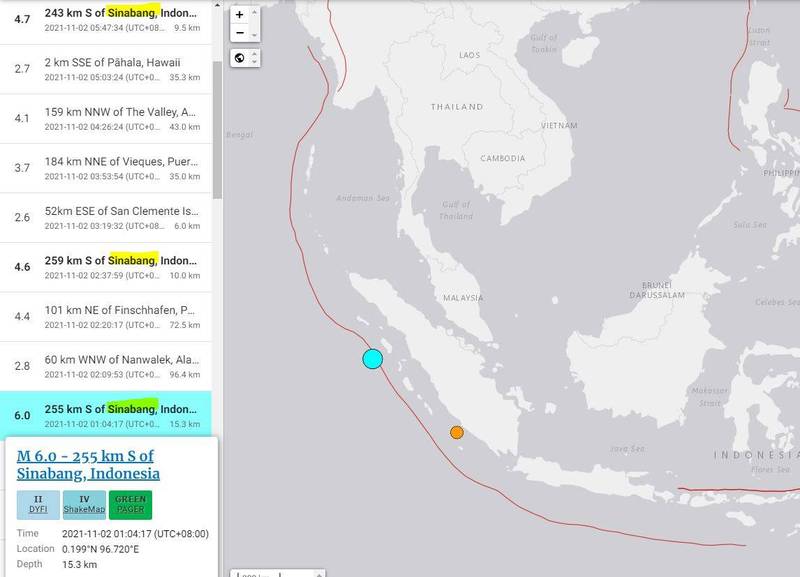 美國地質調查局（USGS）指出，印尼蘇門答臘島外海今晨陸續發生數起地震，芮氏規模從6.0到4.6不等，地震深度均不到20公里。（圖擷自美國地質調查局（USGS））