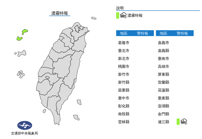 氣象局指出，今晚至明晨馬祖易有低雲或局部霧影響能見度，馬祖已出現能見度不足200公尺現象。（圖擷取自中央氣象局）