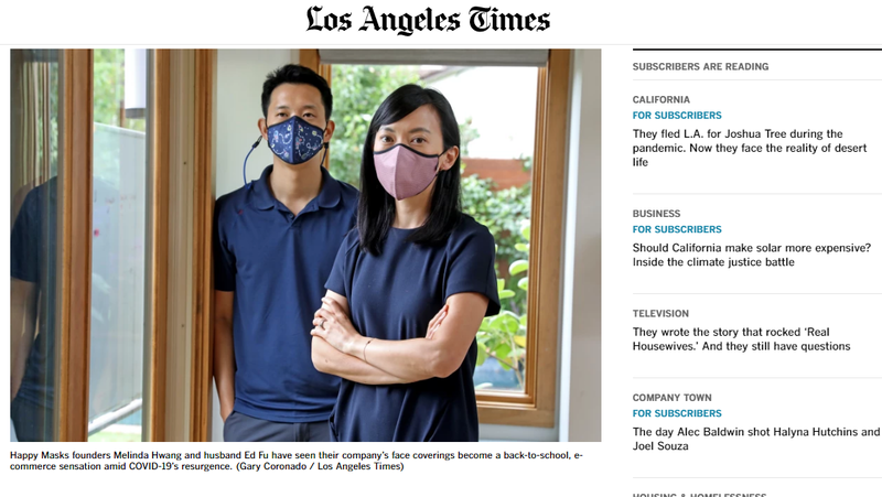 快乐口罩台裔创办人梅琳达（右）与爱德华（左）。（图撷取自洛杉矶时报官网）(photo:LTN)