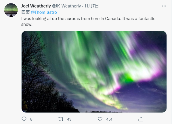 一名网友看到佩斯凯的照片，在底下分享于地球表面看到的极光。（图翻摄自Thomas Pesquet推特）(photo:LTN)