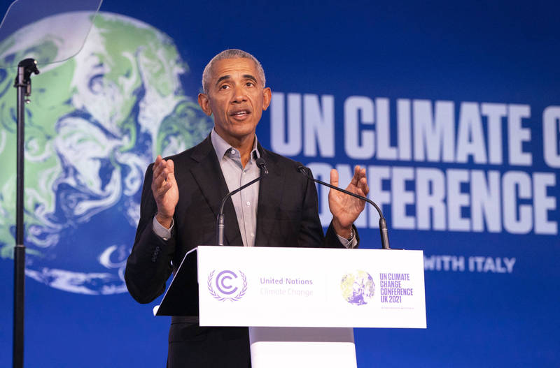 美國前總統歐巴馬稍早於COP26發表演說。（美聯社）