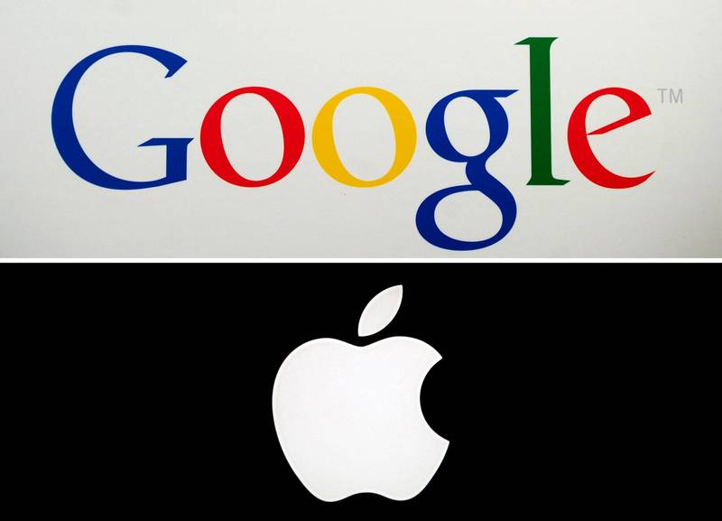 Google遭指控在2011至2012年間，暗中蒐集iPhone用戶上的Safari瀏覽器資料，今（10）日英國最高法院判Google勝訴，免賠英國iPhone超過400萬用戶最高每人英鎊750元（約新台幣2萬8千元）。圖為Google、Apple商標。（法新社，檔案照）