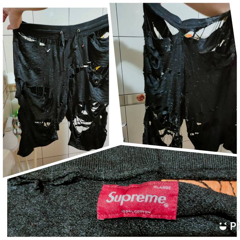 網友花小錢夾到知名潮牌「Supreme」休閒風短褲，下水一洗竟破爛不堪。（翻攝自臉書社團《爆怨公社》）